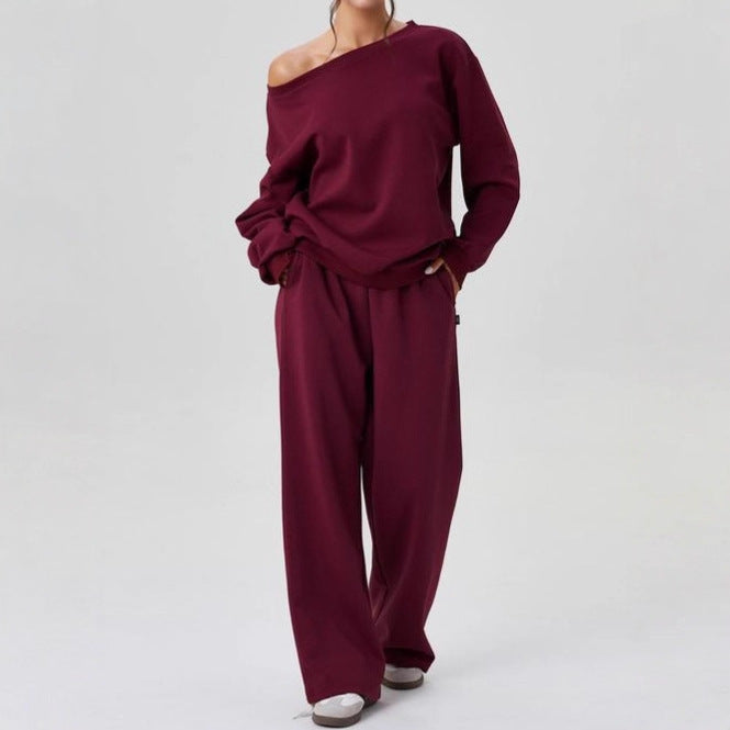Women's Off-Shoulder Lounge Set – Long-Sleeve Top and Wide-Leg Trousers