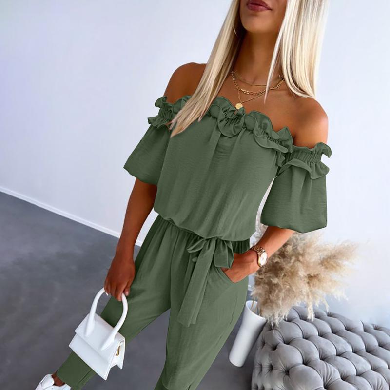Women’s Off-Shoulder Ruffle Jumpsuit – Chic Tie-Waist Occasion Outfit