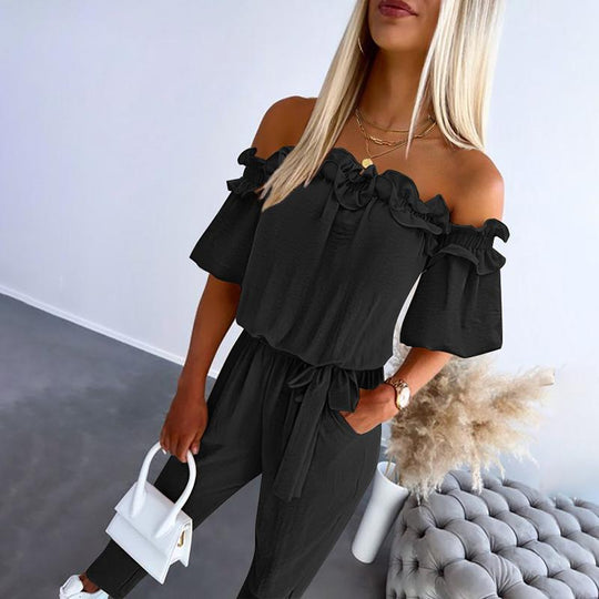 Women’s Off-Shoulder Ruffle Jumpsuit – Chic Tie-Waist Occasion Outfit