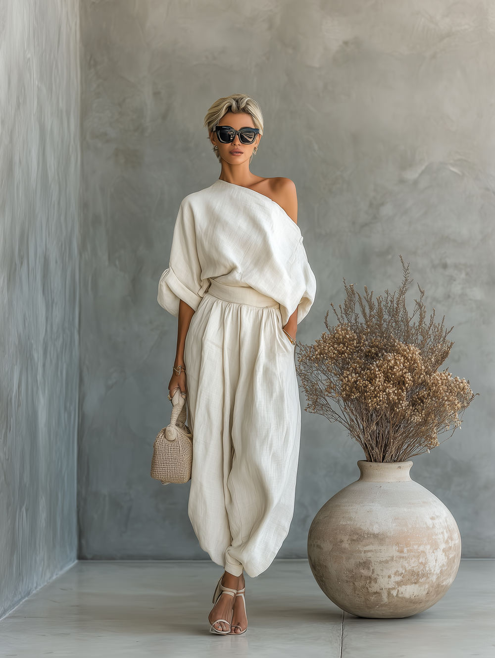 Women's Off-Shoulder Trouser Set – Lightweight Top and Tapered Trousers
