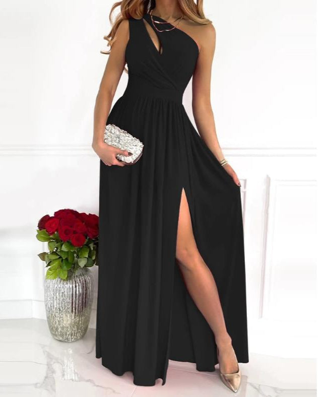 Women's One-Shoulder Maxi Evening Dress with Side Cut-Out and High Slit