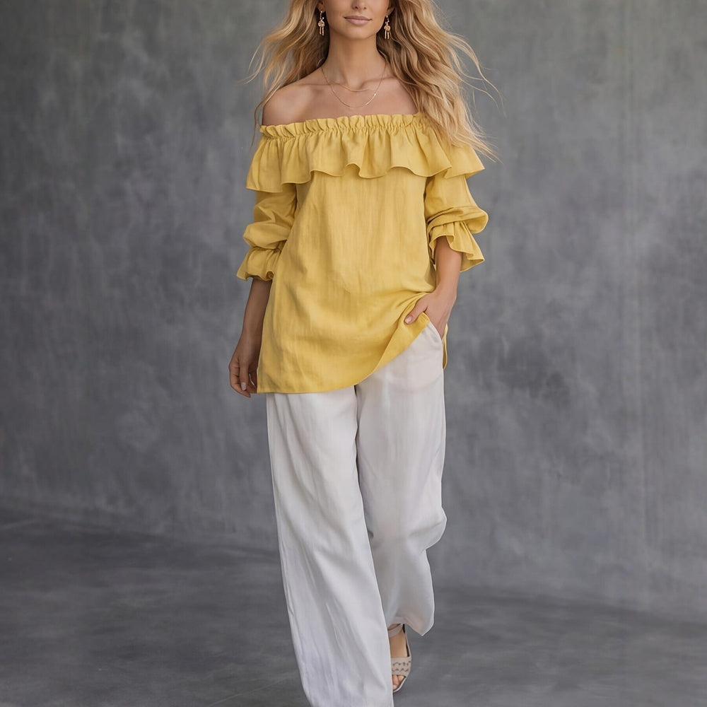 Women's One-Shoulder Ruffle Top – Elegant Puff Sleeves