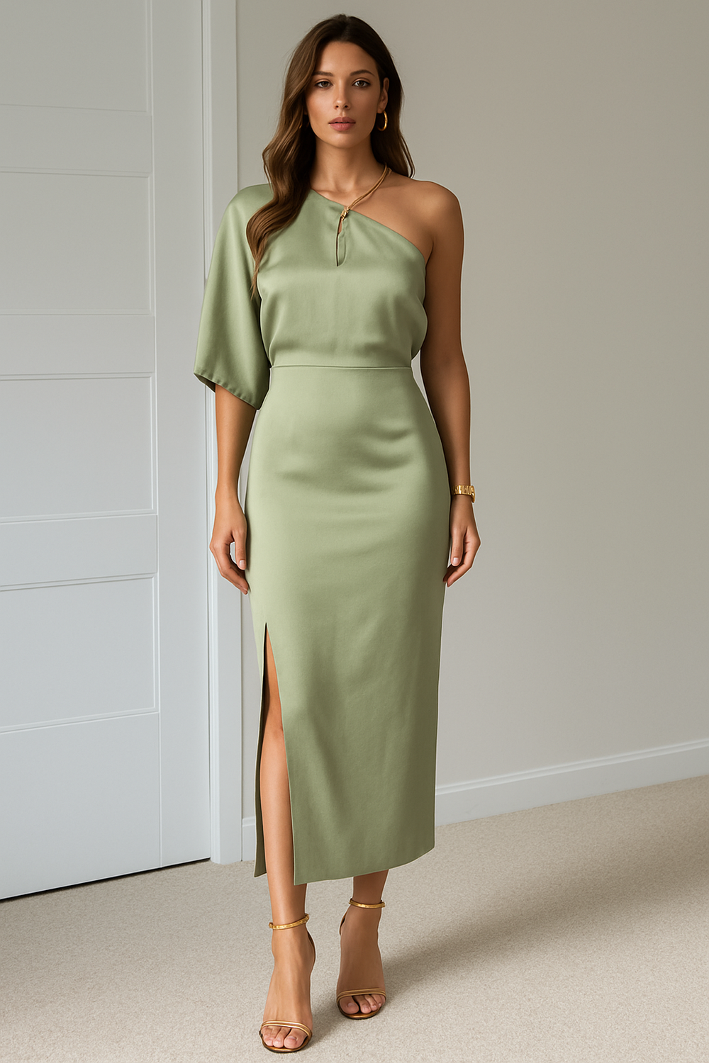 Women's One-Shoulder Slit Maxi Dress – Elegant Evening Fit