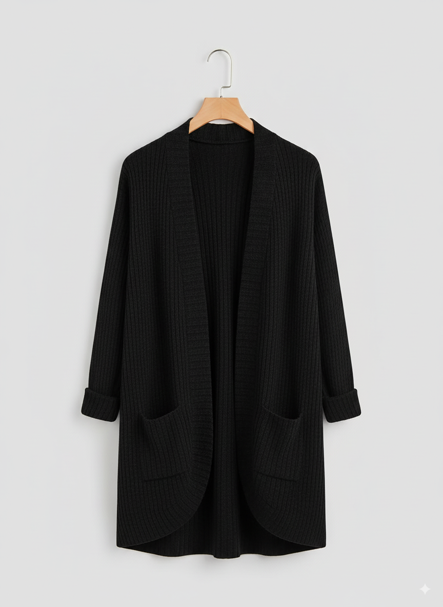 Women's Open-Front Ribbed Autumn Cardigan with Pockets