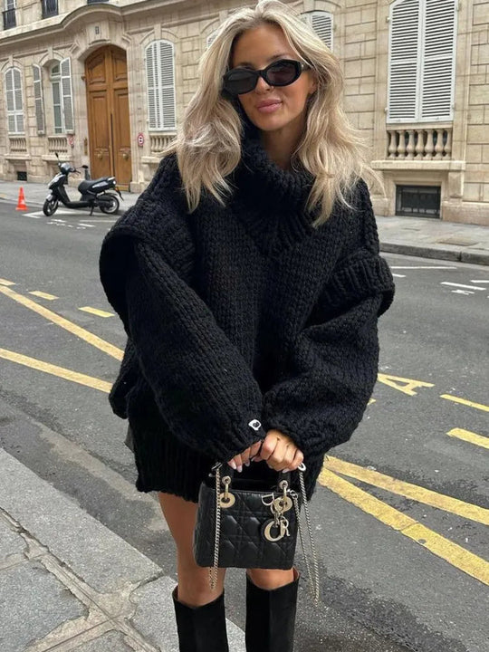 Women’s Oversized Chunky Turtleneck – Puff-Sleeve Knit Sweater