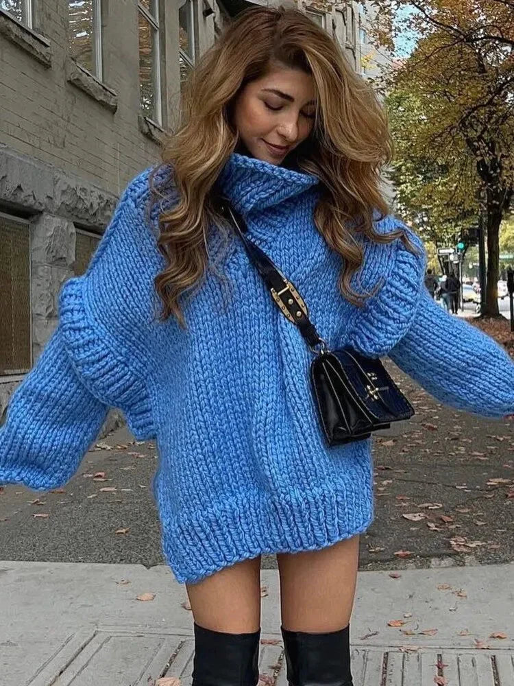 Women’s Oversized Chunky Turtleneck – Puff-Sleeve Knit Sweater