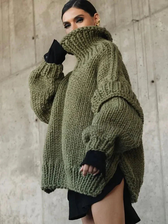 Women’s Oversized Chunky Turtleneck – Puff-Sleeve Knit Sweater