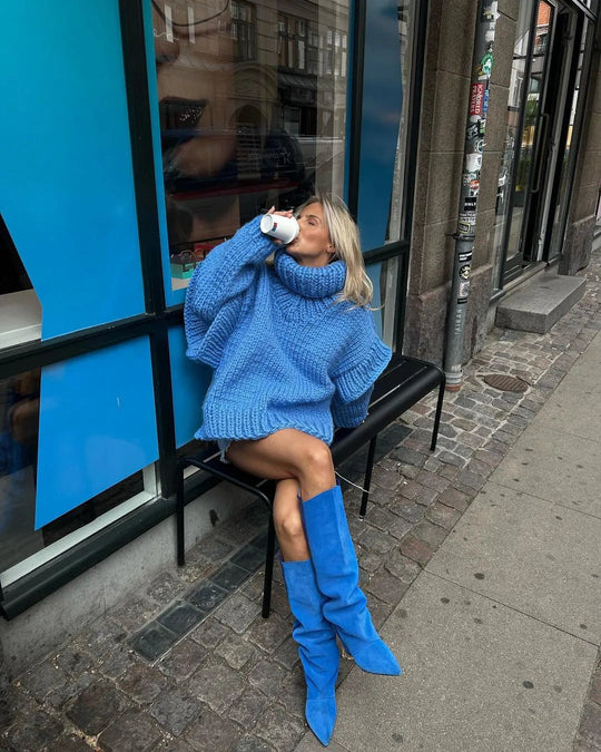 Women’s Oversized Chunky Turtleneck – Puff-Sleeve Knit Sweater