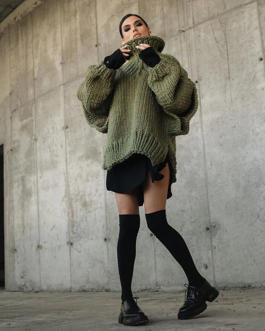 Women’s Oversized Chunky Turtleneck – Puff-Sleeve Knit Sweater
