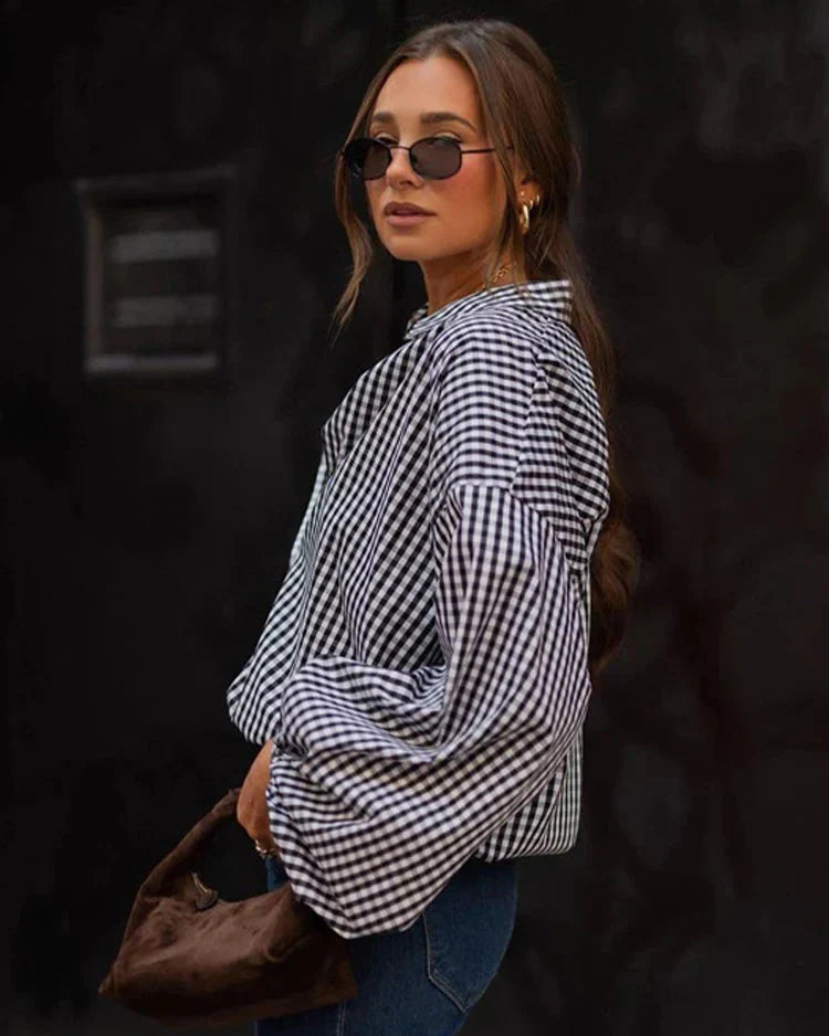 Women's Oversized Gingham Shirt – Balloon-Sleeve Button-Up