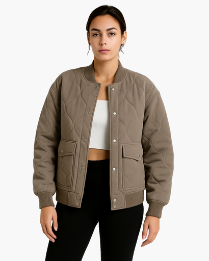 Women’s Oversized Quilted Jacket – Wavy Stitching, Ribbed Trim and Pockets