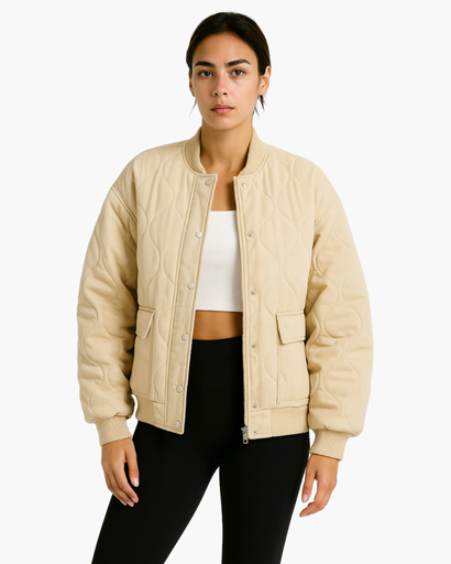 Women’s Oversized Quilted Jacket – Wavy Stitching, Ribbed Trim and Pockets