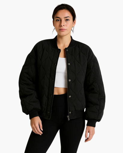 Women’s Oversized Quilted Jacket – Wavy Stitching, Ribbed Trim and Pockets