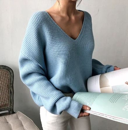 Women's Oversized V-Neck Sweater – Soft Long-Sleeve Knit, One Size