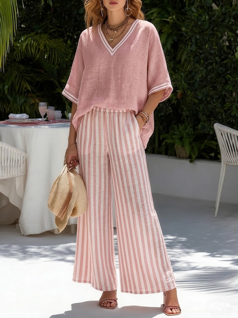 Women's Patchwork Striped Set – Cotton-Linen Top and Matching Trousers