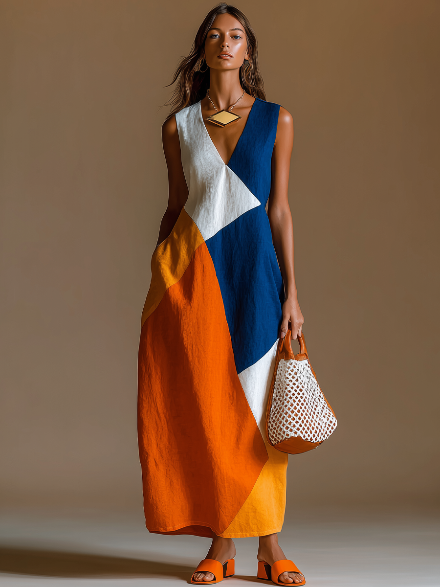 Women's Patchwork V-Neck Maxi Dress – Sleeveless Casual Summer Style