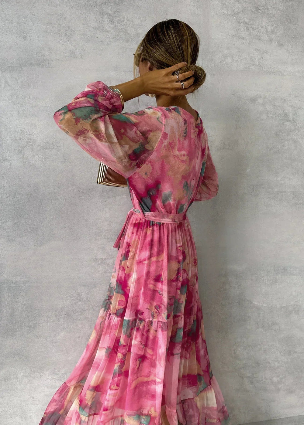 Women's Pink Floral Wrap Dress – Long-Sleeve Summer Occasion Style