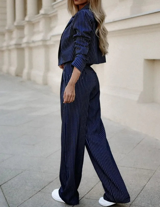 Women’s Pinstripe Two-Piece Suit – Cropped Blazer and Straight Trousers