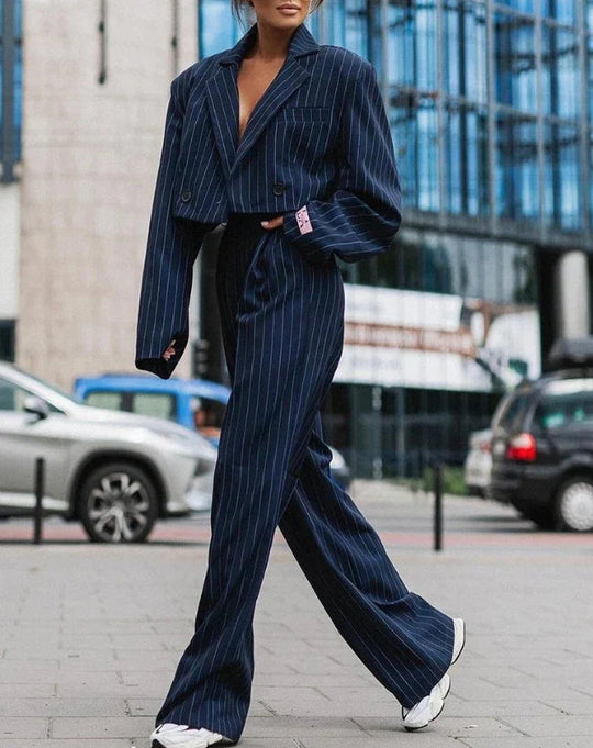 Women’s Pinstripe Two-Piece Suit – Cropped Blazer and Straight Trousers