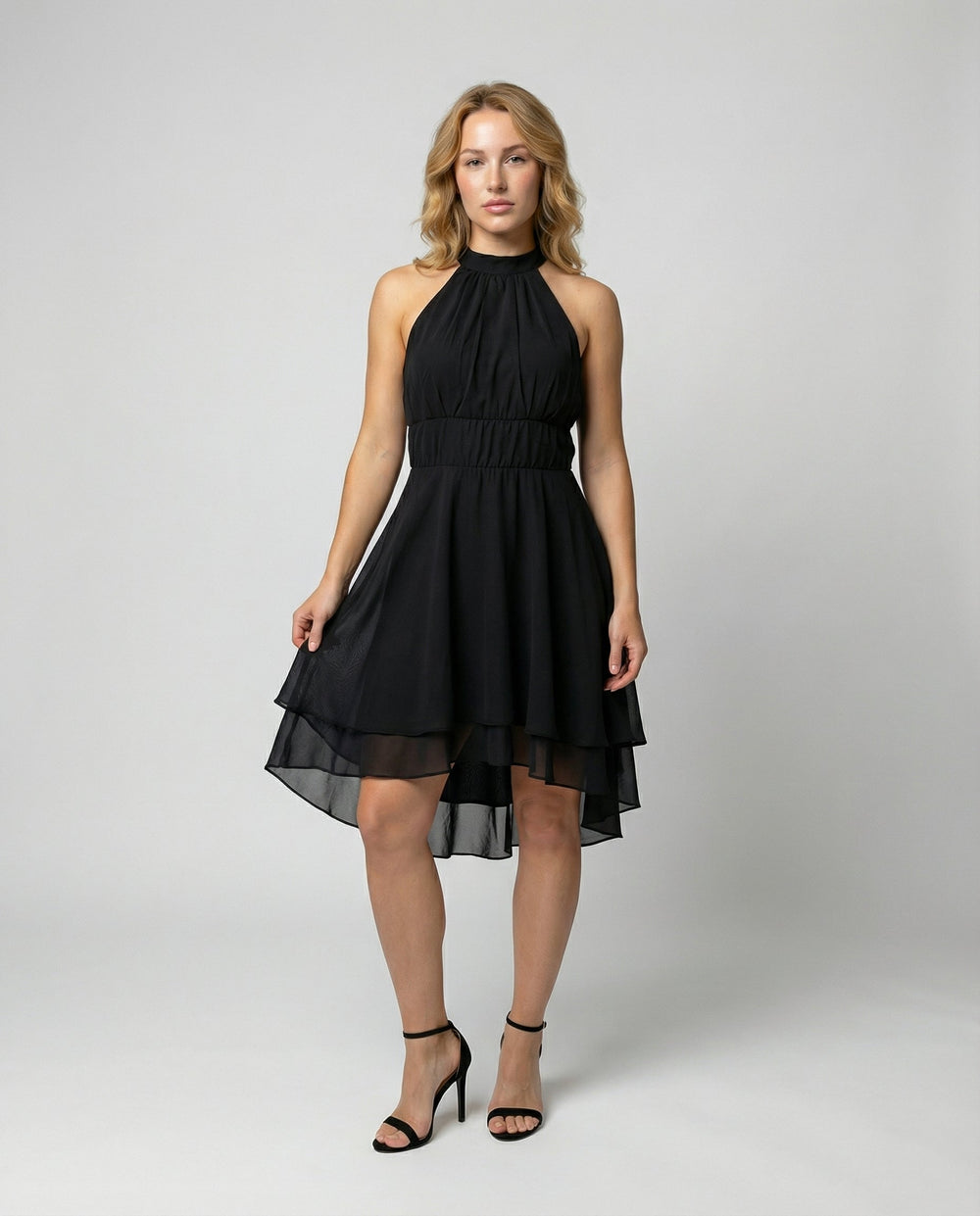 Women's Pleated Chiffon Cocktail Dress – Sleeveless Halter Mini Style