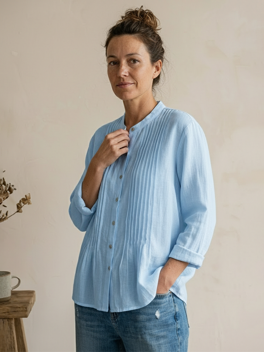 Women's Pleated Cotton-Linen Shirt – Loose V-Neck Summer Blouse