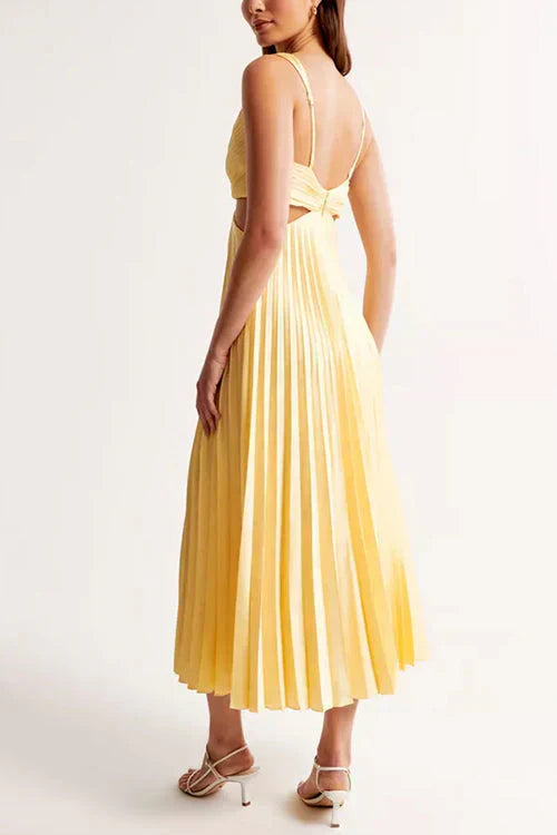 Women's Pleated Satin Evening Maxi Dress – Deep V-Neck