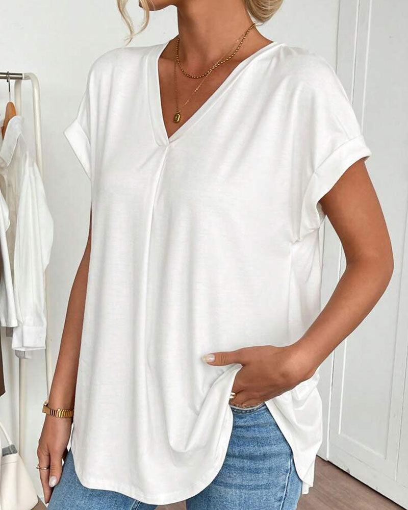 Women's Pleated Short-Sleeve Cotton-Blend Blouse with Round Neck