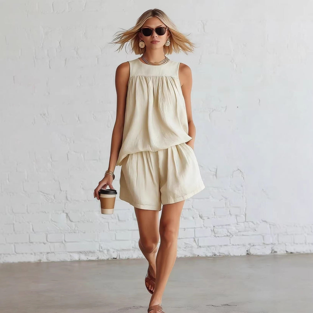 Women's Pleated Top and Shorts Set – Retro Sleeveless Summer Outfit