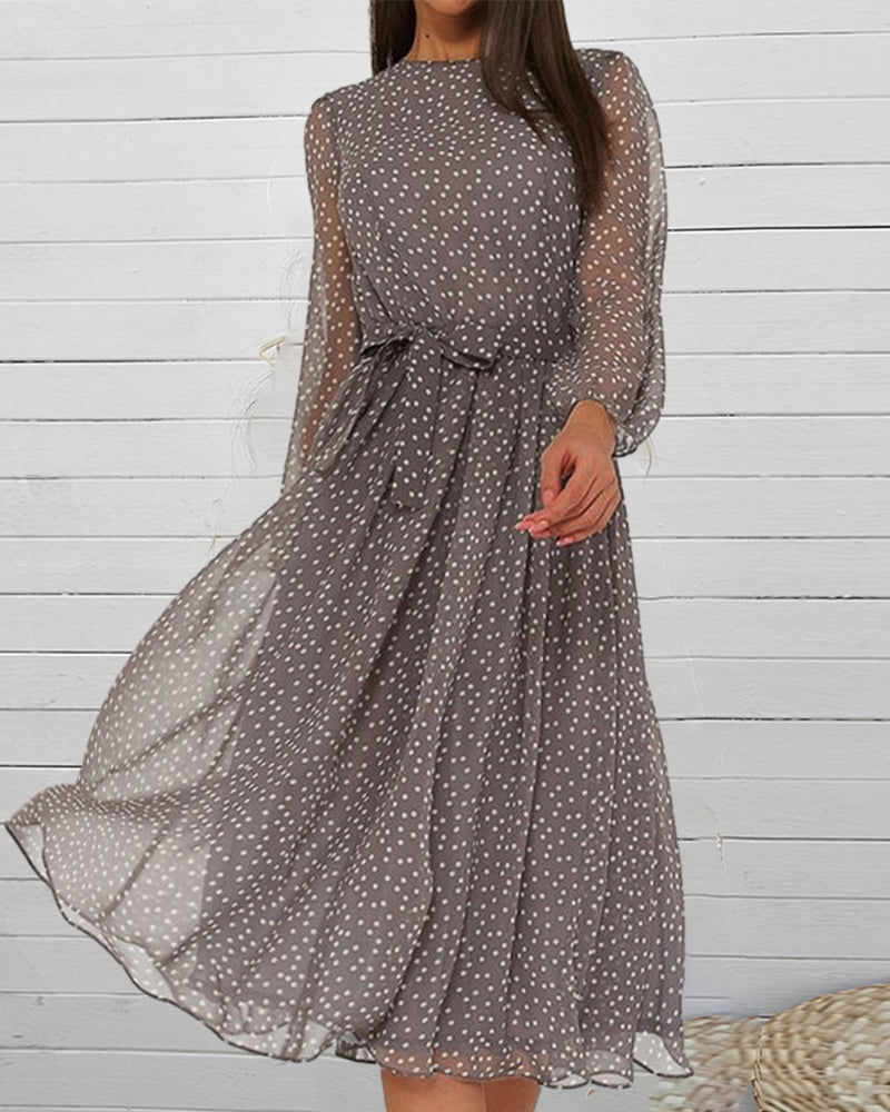 Women's Polka-Dot A-Line Dress – Long Sleeves and Knee Length