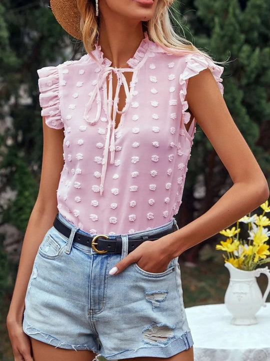 Women’s Polka-Dot Chiffon Blouse – High Ruffle Neck and Flutter Sleeves