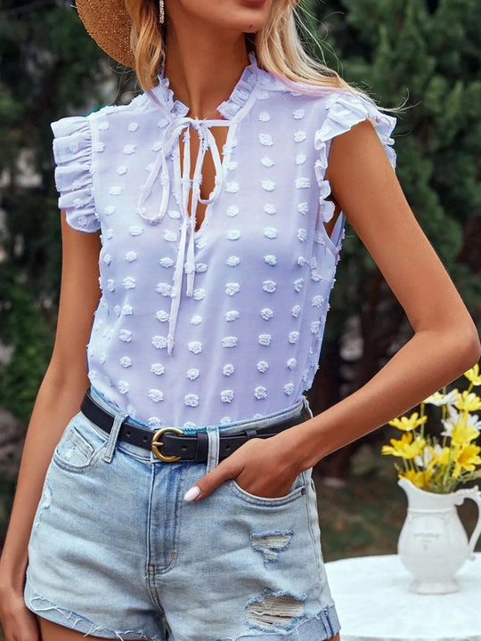 Women’s Polka-Dot Chiffon Blouse – High Ruffle Neck and Flutter Sleeves