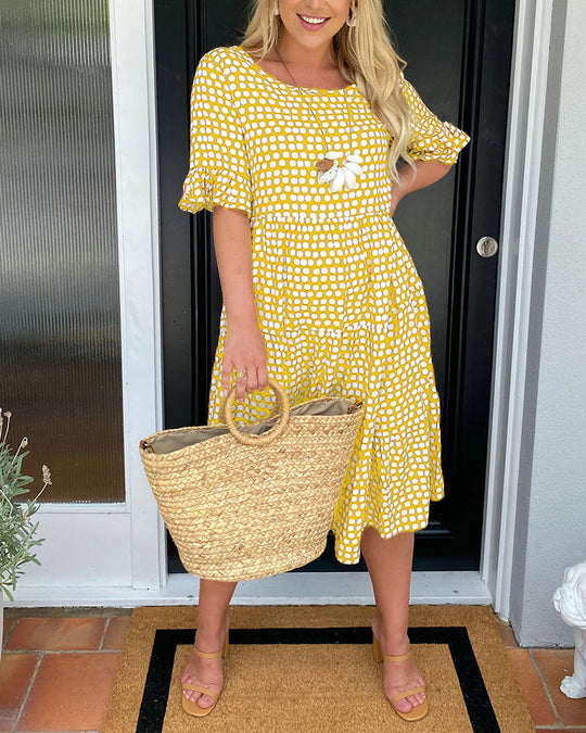 Women’s Polka-Dot Midi Dress – Flowing Round-Neck Style
