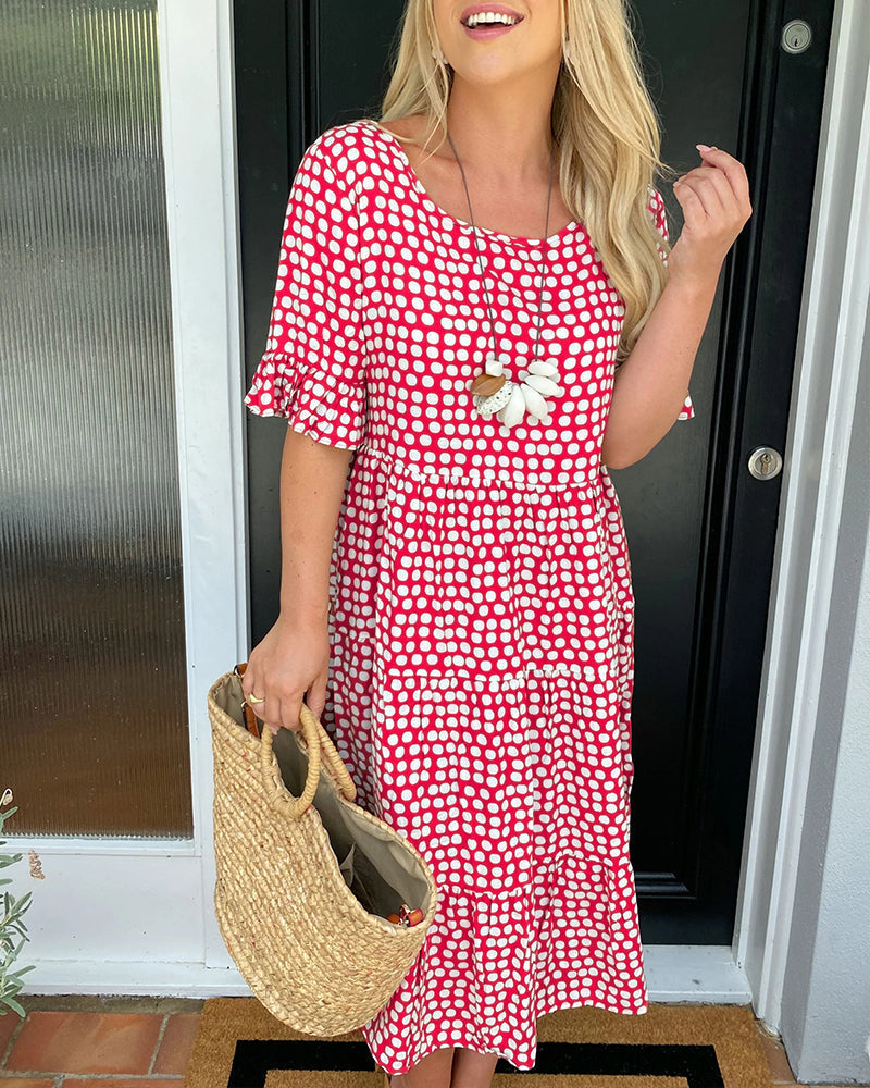 Women’s Polka-Dot Midi Dress – Flowing Round-Neck Style