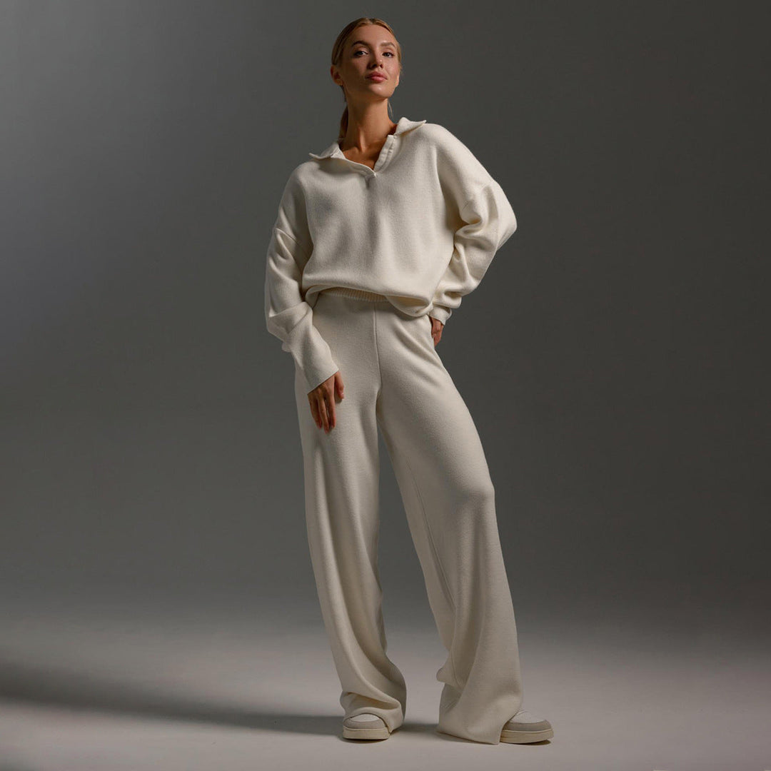 Women’s Polo Jumper and Wide-Leg Trouser Set – Elegant Casual Two-Piece Outfit