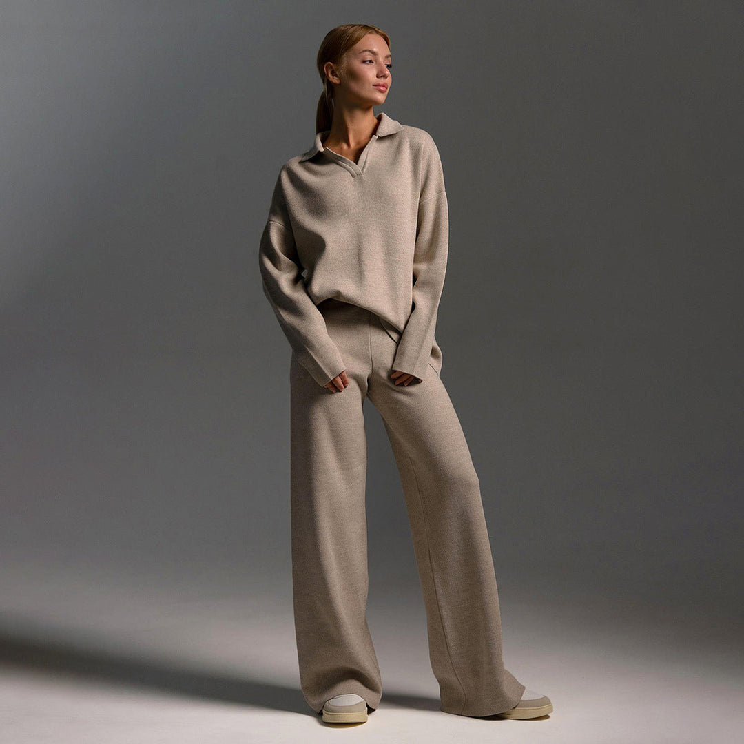 Women’s Polo Jumper and Wide-Leg Trouser Set – Elegant Casual Two-Piece Outfit