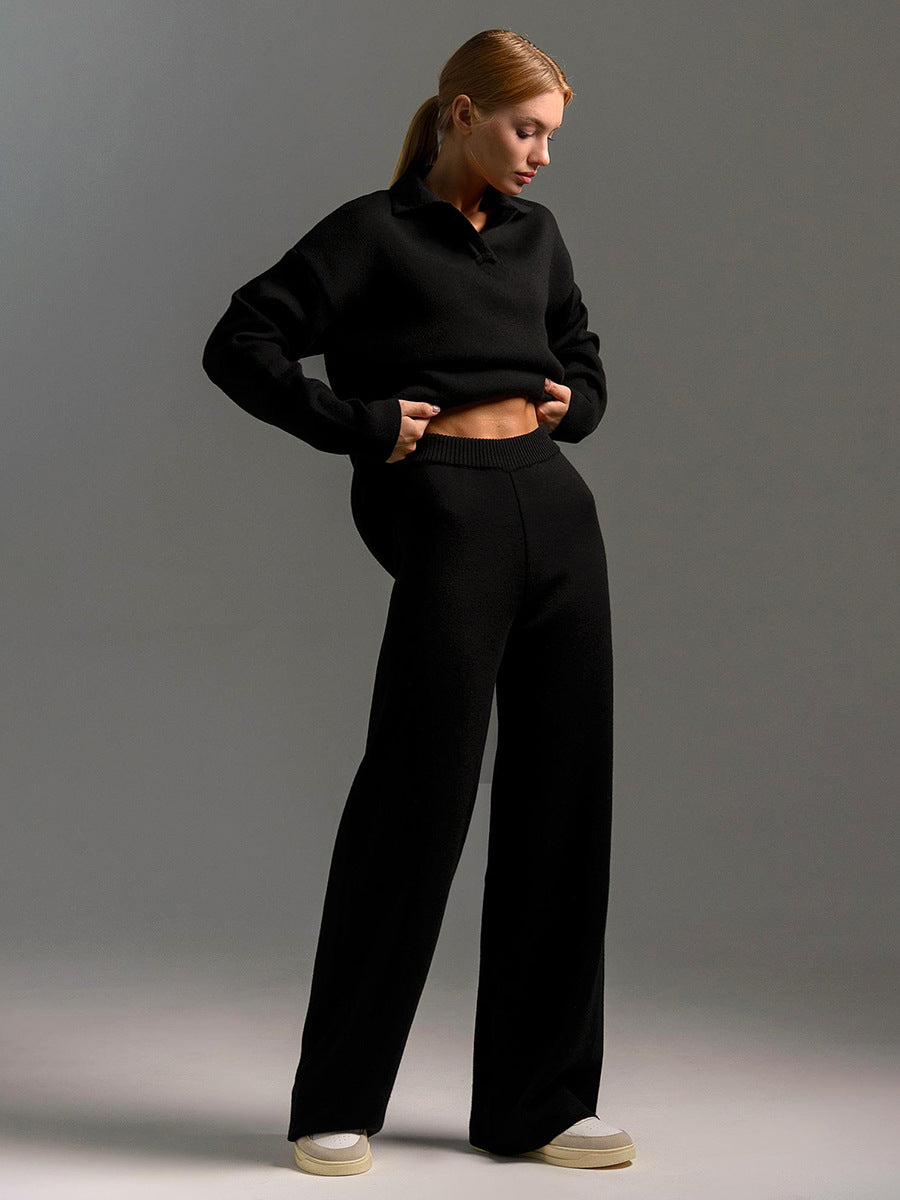 Women’s Polo Jumper and Wide-Leg Trouser Set – Elegant Casual Two-Piece Outfit