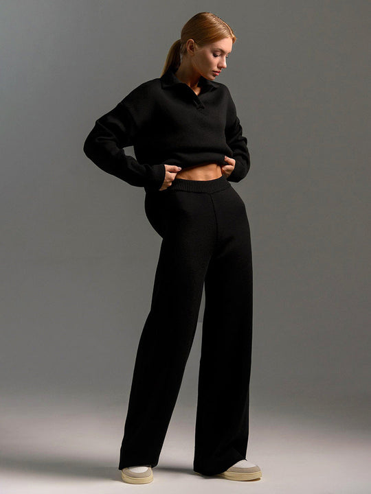 Women’s Polo Jumper and Wide-Leg Trouser Set – Elegant Casual Two-Piece Outfit