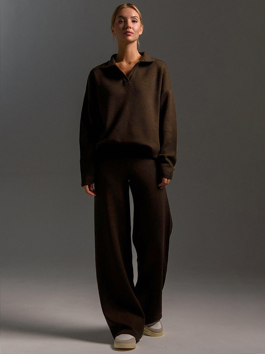 Women’s Polo Jumper and Wide-Leg Trouser Set – Elegant Casual Two-Piece Outfit
