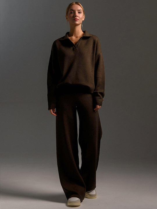 Women’s Polo Jumper and Wide-Leg Trouser Set – Elegant Casual Two-Piece Outfit