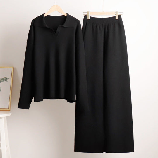 Women’s Polo Jumper and Wide-Leg Trouser Set – Elegant Casual Two-Piece Outfit
