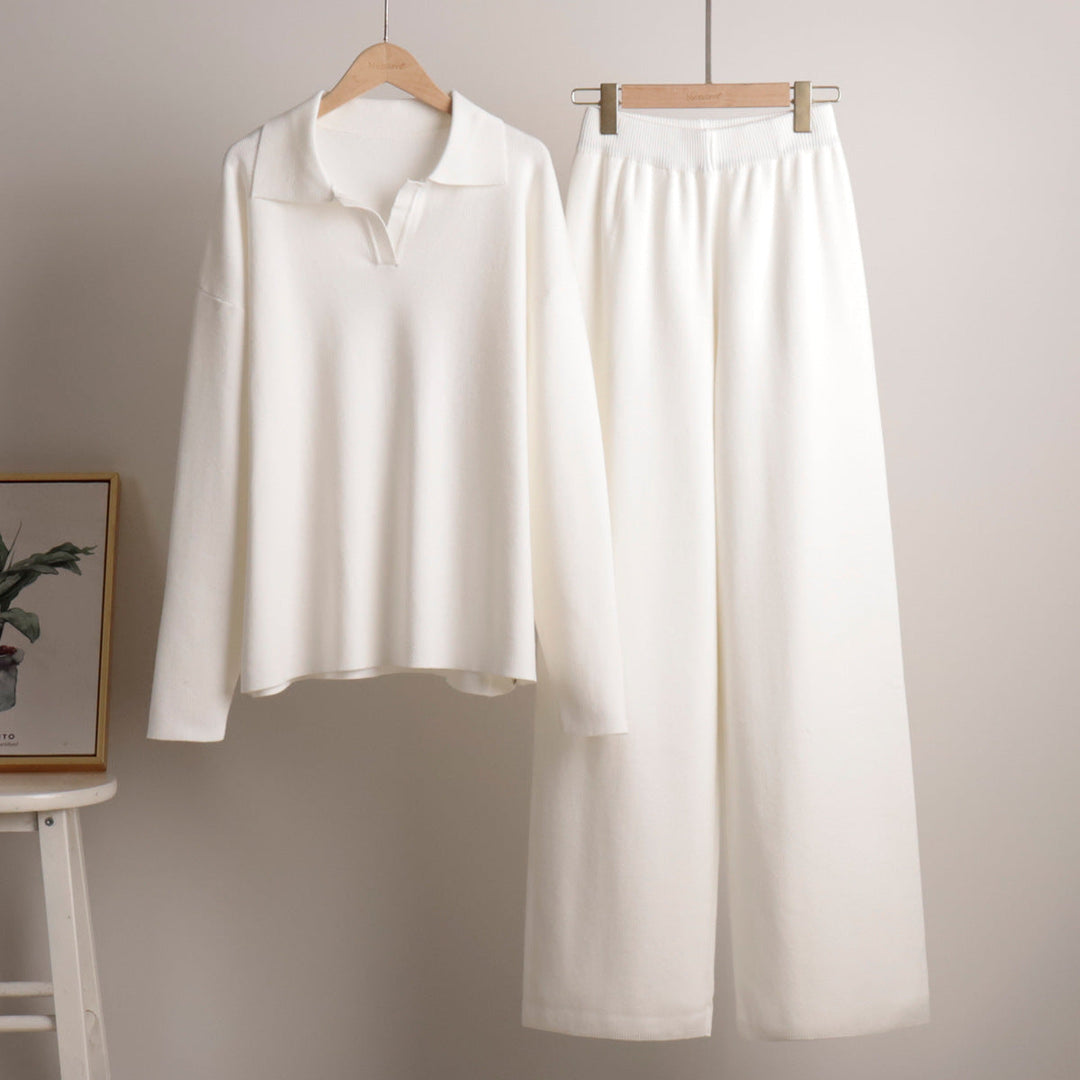 Women’s Polo Jumper and Wide-Leg Trouser Set – Elegant Casual Two-Piece Outfit