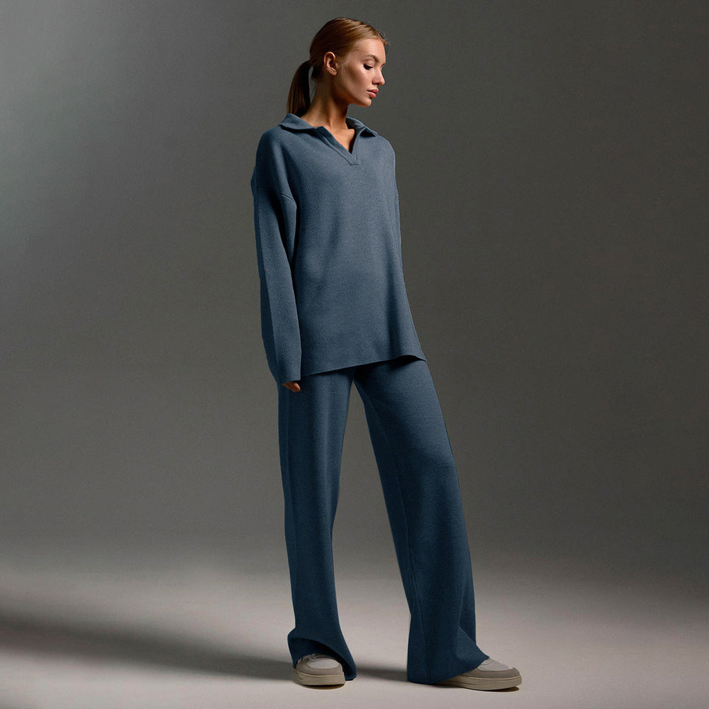 Women’s Polo Jumper and Wide-Leg Trouser Set – Elegant Casual Two-Piece Outfit