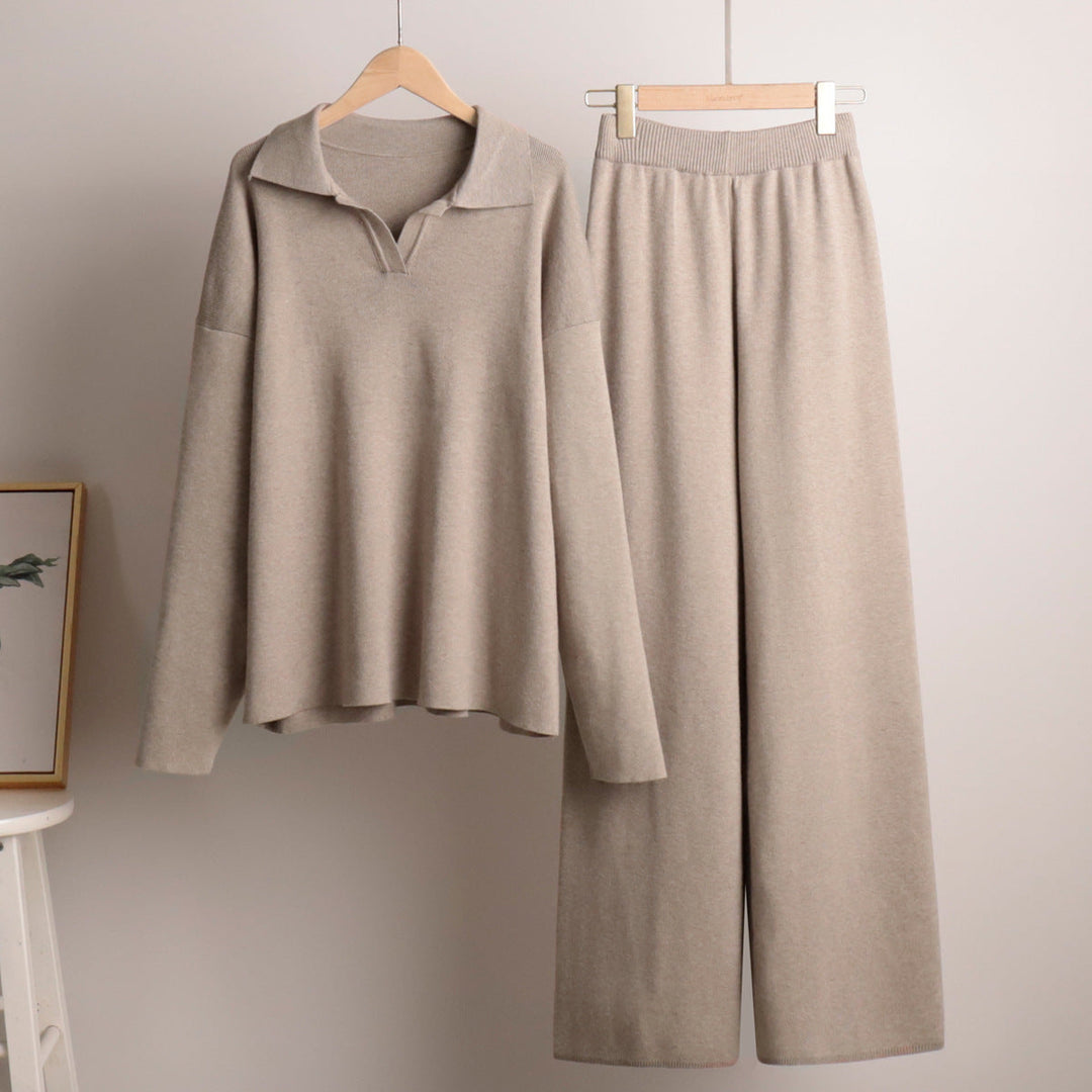 Women’s Polo Jumper and Wide-Leg Trouser Set – Elegant Casual Two-Piece Outfit