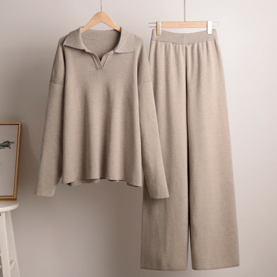 Women’s Polo Jumper and Wide-Leg Trouser Set – Elegant Casual Two-Piece Outfit