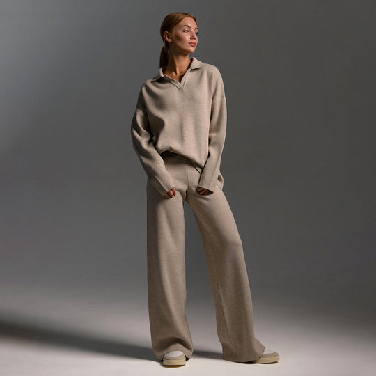 Women’s Polo Jumper and Wide-Leg Trouser Set – Elegant Casual Two-Piece Outfit