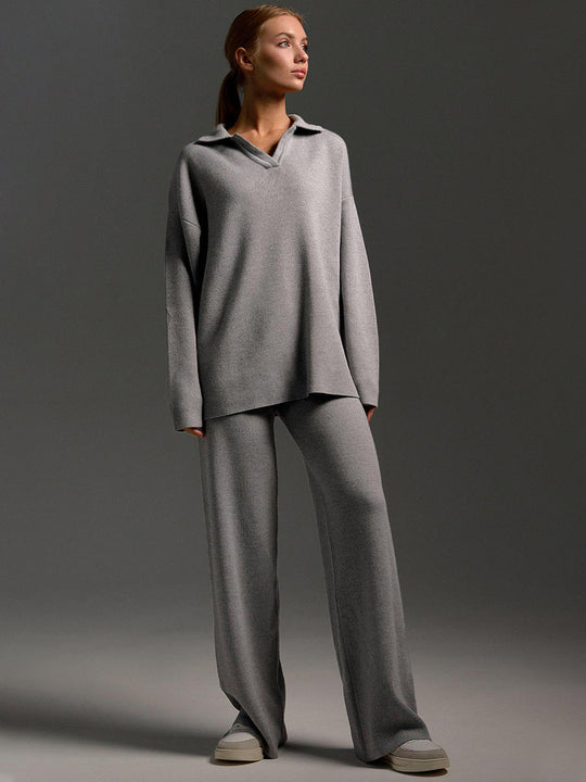 Women’s Polo Jumper and Wide-Leg Trouser Set – Elegant Casual Two-Piece Outfit
