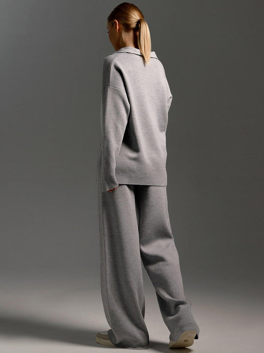 Women’s Polo Jumper and Wide-Leg Trouser Set – Elegant Casual Two-Piece Outfit