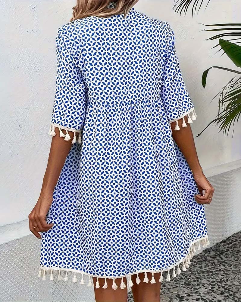 Women's Printed Bohemian Summer Dress – Loose Short Style with Tassels