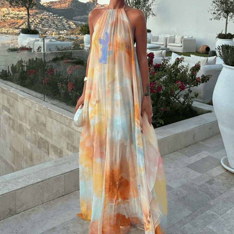Women's Printed Halter-Neck Maxi Dress – Backless Summer Fit