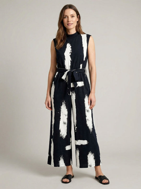 Women’s Printed Wide-Leg Summer Jumpsuit – Sleeveless with Tie Waist